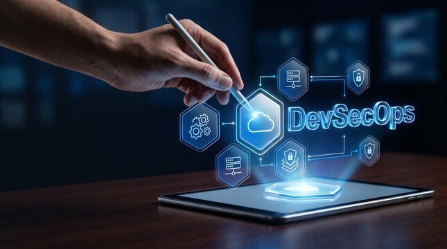 The human hand using a pen on a tablet interface with volumetric DevSecOps glassmorphic dashboard for professional cloud security and DevSecOps