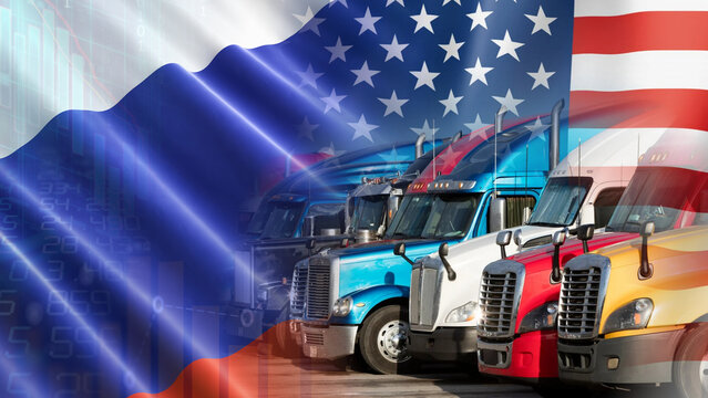 The road transport and logistics industry is influenced by the Russia-US relationship. The flow of goods and economic fluctuations are illustrated by truck convoys and financial charts against
