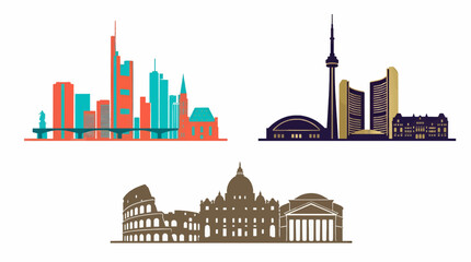 Obraz premium Flat Design City Skylines of Frankfurt, Toronto, and Rome with Iconic Landmarks in Teal, Coral, Gold, and Brown Tones, Vector Illustration