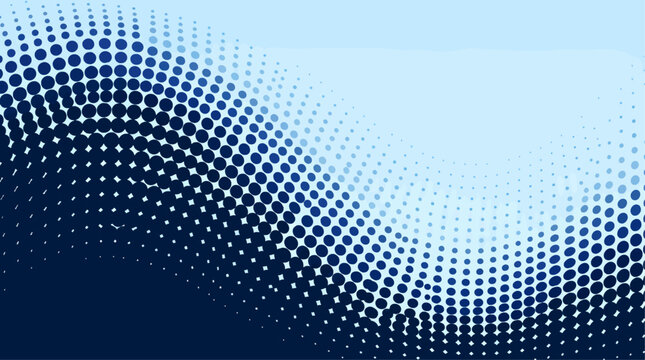Abstract Blue Wave Pattern with Halftone Dots, Flat Design Vector Graphic with Gradient Background and Varying Dot Density, Smooth Curved Lines