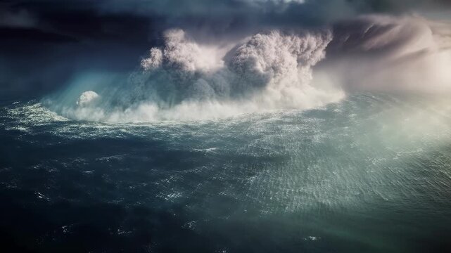 Satellite footage of a powerful hurricane developing over the ocean with dark clouds