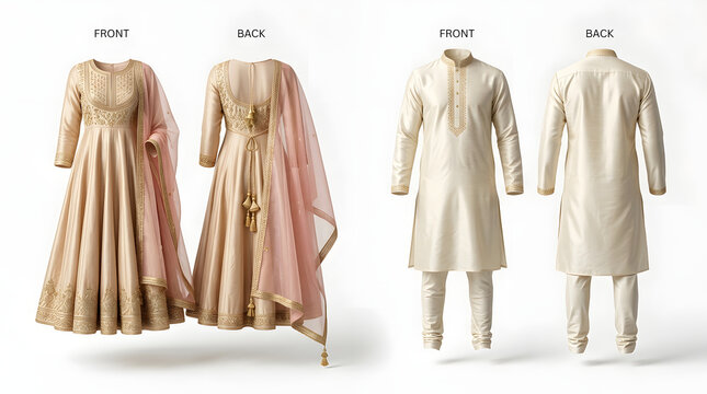 Elegant traditional Indian festive wear for couples a women's anarkali suit with delicate embroidery and a men's kurta pajama set, perfect for celebrations and special occasions