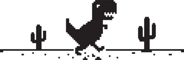 Fototapeta premium Pixelated Dinosaur Illustration With Cacti And Ground A Retro Vector Graphic On A White Background 8 bit cactus cartoon