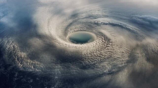 Satellite footage of a powerful hurricane swirling over ocean with dense cloud cover and vortex formation in motion
