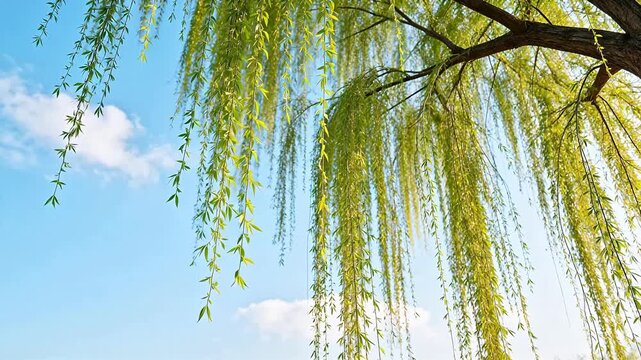 Willow tree branches with green leaves against blue sky