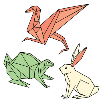 Colorful Origami Animals Set with Bird, Frog, and Rabbit in Flat Style