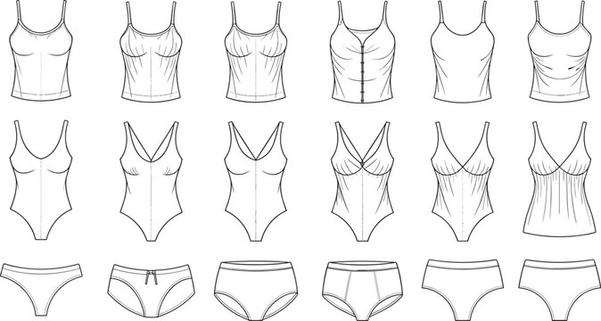 Women underwear camisoles and bodysuits fashion technical sketches collection