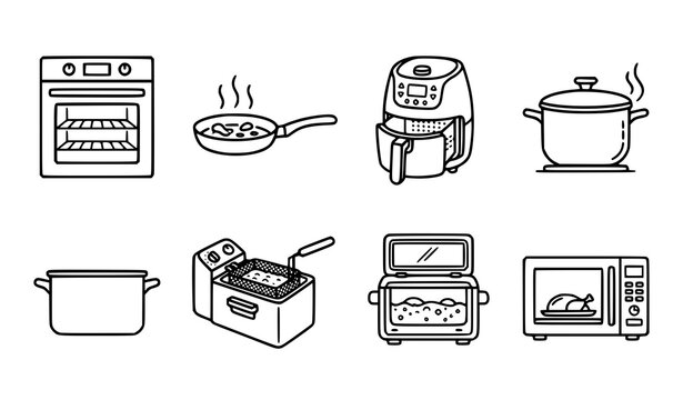 Kitchen Appliance Icon Set Vector with Oven Frying Pan Air Fryer Pot Deep Fryer Microwave and Food Preparation Symbols