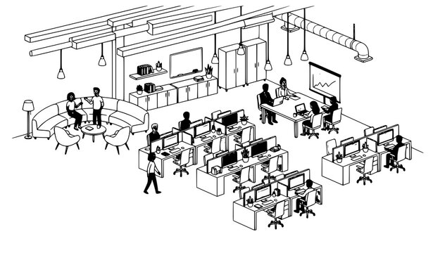 Contemporary Loft Co Working Office Interior Vector Illustration with Monitors