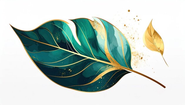 Stylized emerald green leaf with gold veins and accents.