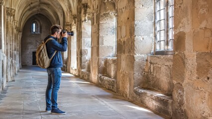 Naklejka premium Photographer Capturing History man with a backpack holds a camera to his eye, documenting the ancient stone architecture of a sunlit cloister, hinting at a journey of discovery.