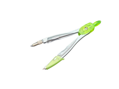  Metal drawing compass with green plastic details isolated on transparent background. Precision geometry tool for drafting, measuring circles and technical drawing.
