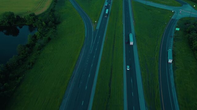 Commercial trailers and passenger cars traveling along an interstate corridor. A rural cloverleaf exchange captured from above during the late afternoon.