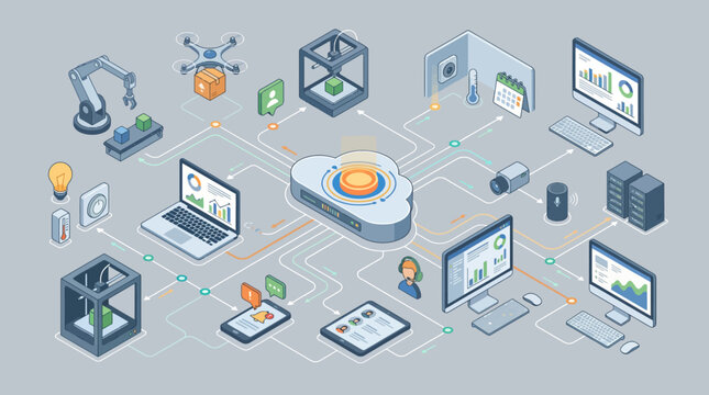 Isometric Digital Technology Ecosystem with 3D Printer Drone Laptop Tablet and Connected Device Network