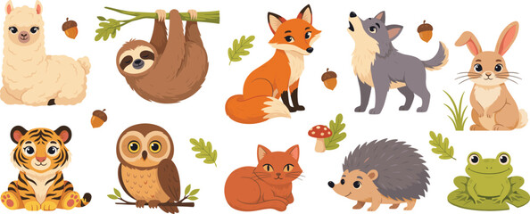 Fototapeta premium Cute Wild and Domestic Animal Character Set with Sloth Tiger Fox Owl Hedgehog Alpaca and Frog for Kids Vector Graphic Illustration Designs