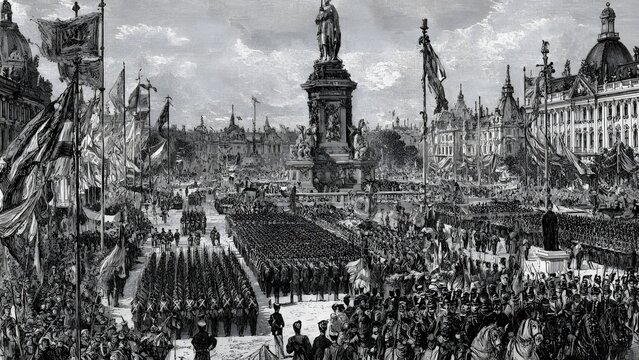 Historical city square parade with military troops and monument engraving