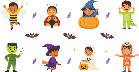 Fototapeta premium Cute Halloween Kids Costume Sticker Set with Diverse Children Dressed as Witch Ghost Skeleton Frankenstein Pumpkin Bumblebee and Dino Vector Designs