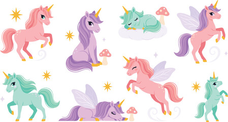 Naklejka premium Cute Pastel Unicorn and Pegasus Character Set with Flying Sleeping and Rearing Fairytale Ponies Mushrooms and Magic Stars Vector Graphic Illustration Designs