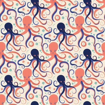 Seamless pattern featuring cute cartoon octopuses in blue and coral colors with small starfish and bubbles on a light beige background texture