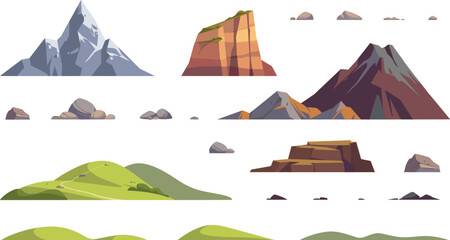 Nature and Mountain Landscape Asset Element Set with Snowy Peaks Rocky Cliffs Volcano Green Meadows Hills and Boulders Vector Graphic Illustrations © MstAkhlima