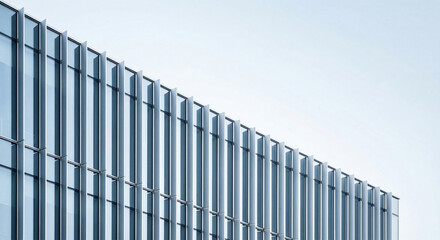 Fototapeta premium Modern glass office building facade with strong vertical architectural lines.
