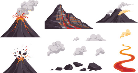 Volcano Eruption and Geological Activity Asset Set with Active Lava Flow Erupting Mountain Peaks Magma Smoke Clouds and Volcanic Rocks Vector Graphic Illustrations © MstAkhlima