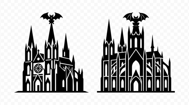 Gothic cathedral silhouettes with gargoyles on top vector illustration