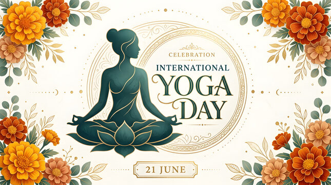 International yoga day banner with green person meditating in lotus position with orange floral
