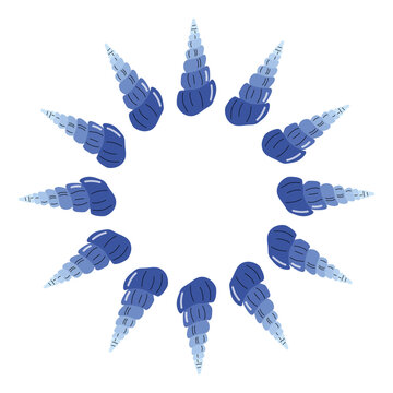 Starburst round frame design made of blue spiral cone seashells on white background