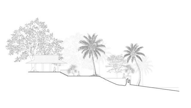 Architectural landscape section drawing with tropical trees, palms, pavilion and walking people in clean CAD elevation style for garden and site design
