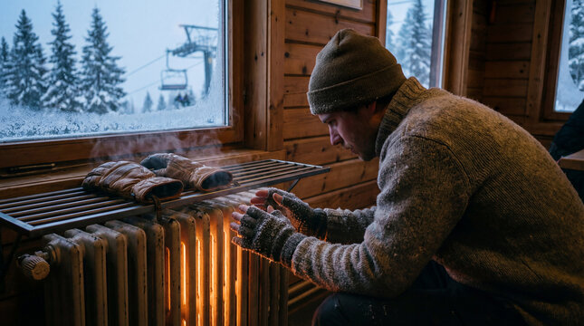 skier warming cold hands near radiator inside wooden mountain lodge with snowy lift view outside window winter comfort after outdoor adventure cozy travel recovery scene winter comfort