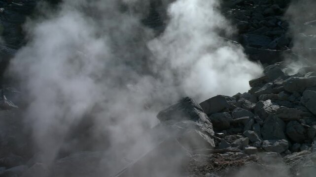 Steaming Vents At Bumpass Hell Hydrothermal Area Within Lassen Volcanic National Park In California, USA. Static Shot
