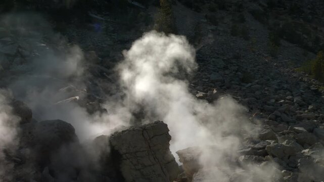 Steams From Hydrothermal Area Of Bumpass Hell Within Lassen Volcanic National Park In California, USA. Static Shot