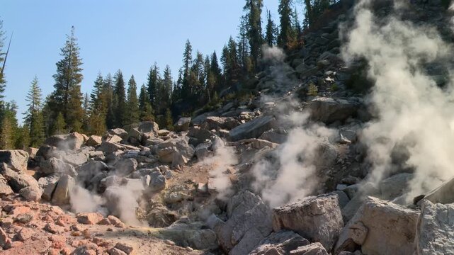 Geothermal steam venting from Bumpass Hell in Lassen Volcanic National Park in California, USA
