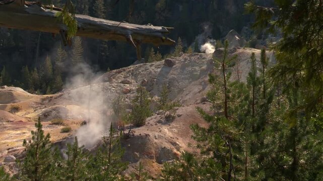 Hot steam and volcanic gases rising from a fumarole in Lassen Volcanic National Park, CA, USA