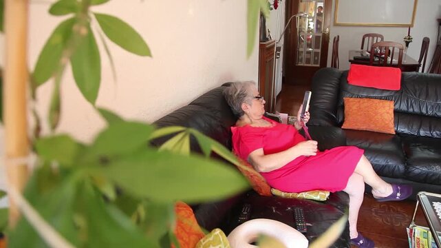  Mujer mayor con bata rosa usando un tel&eacute;fono inteligente en el sof&aacute; de su casa. Mujer mayor con gafas navegando por el tel&eacute;fono inteligente en casa. Senior activo, estilo de vida tecnol&oacute;gico moderno.