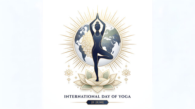 Minimalist international day of yoga poster with person performing tree pose on a lotus flower