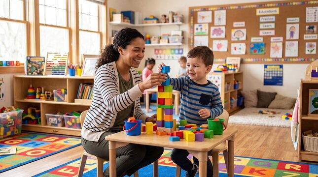 Preschool Teacher Helping Child Build Colorful Block Tower