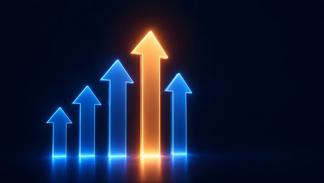 Glowing orange leader arrow rising above blue arrows, representing outstanding business performance, competitive advantage, and successful financial growth strategy