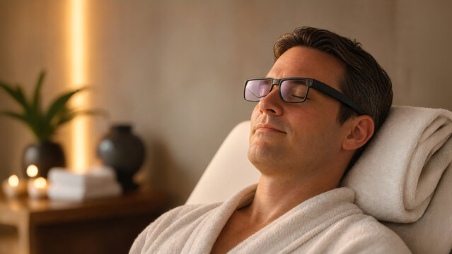 Close-up of a person with eyes closed wearing smart glasses in a spa.