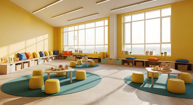 Preschool Classroom Interior with Modern Yellow Furniture and Toys