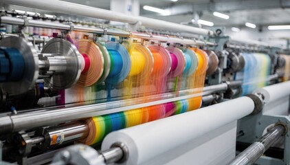 Fototapeta premium Medium frame capturing synthetic polyester fibers being rapidly twisted by hightech machines emphasizing vibrant fiber colors and precise yarn formation in a modern manufacturing