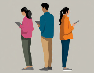Obraz premium Illustrations de trois personnes d'origines diverses debout et tenant des tablettes numériques
