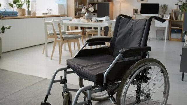 Close up shot of wheelchair standing empty in retirement home common room, representing accessibility and senior care. Clip for medical equipment ads or nursing home promotional videos