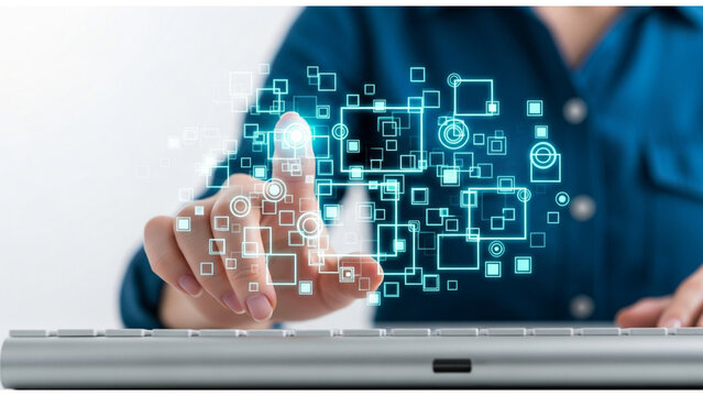Digital biometric fingerprint scanning on futuristic interface with glowing data squares, concept for security, innovation and digital transformation, use for technology, finance and cybersecurity