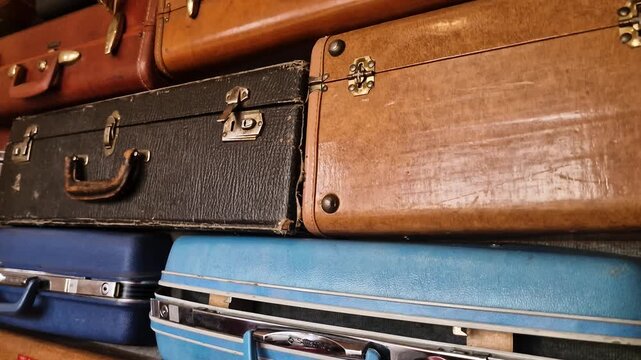 Collection of Old Vintage Travel Suitcases, Close Up