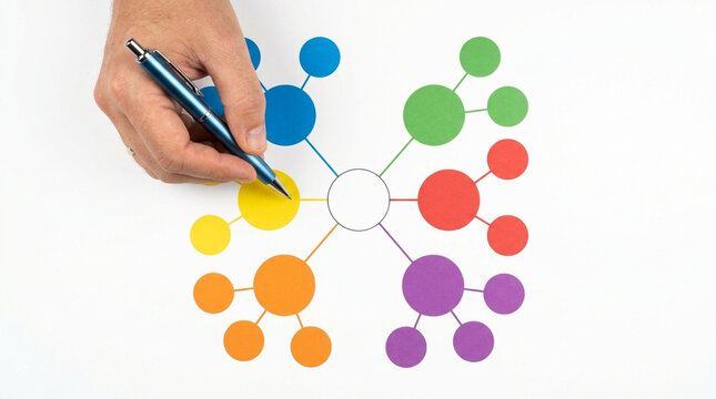 Colorful mind map diagram with hand drawing connections, concept for brainstorming, strategic planning, and creative idea generation for business and education