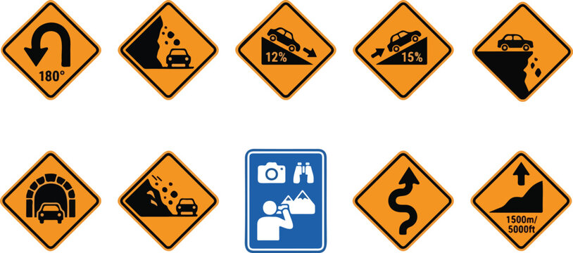 Orange Warning Road Signs Collection for Hazardous Mountain and Highway Driving Conditions