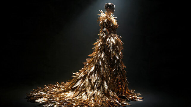 Female model wearing an extraordinary golden feathered ball gown photographed from behind under a dramatic spotlight on a dark stage, ideal for luxury fashion and haute couture editorial content.
