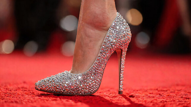 Crystal rhinestone stiletto heel shoe covered in sparkling diamonds resting on a bright red carpet, perfect for luxury fashion, celebrity events, and glamour advertising content.